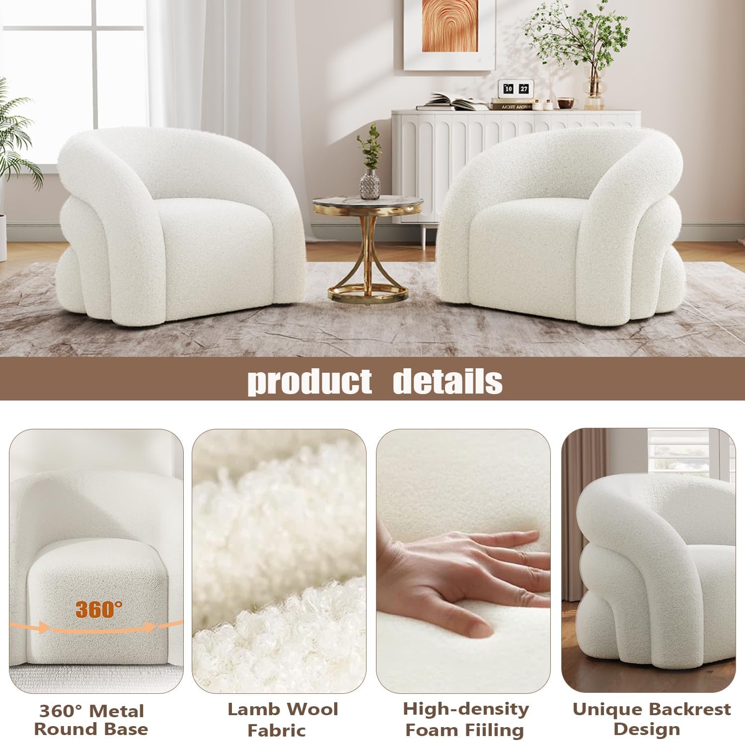 Swivel Accent Chair with Sherpa Teddy Fabric - Modern Round Armchair for Living Room, 360°Swivel,No Assembly Required, Plush Cozy Barrel Chair for Bedroom Reading & Apartment(White)