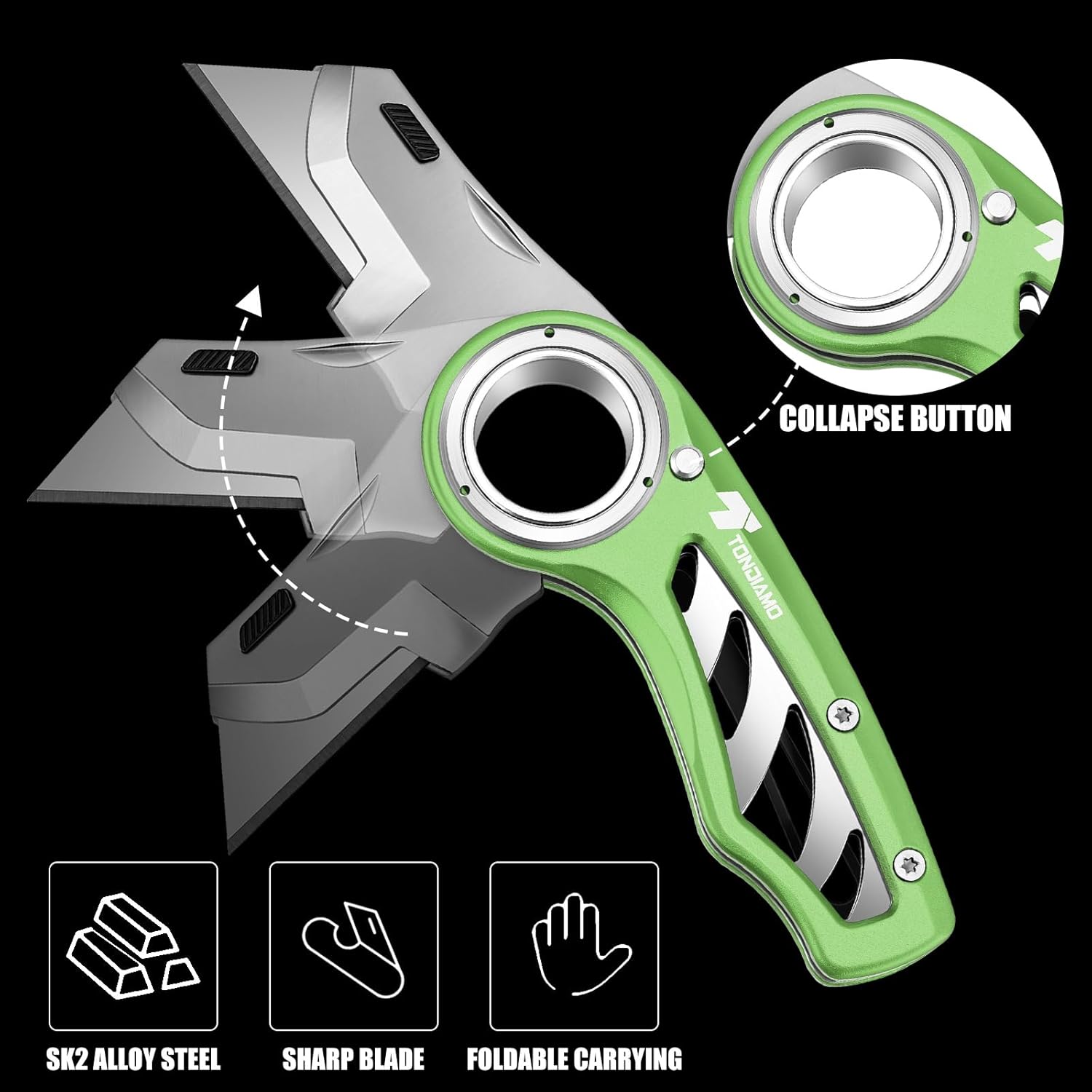 Tondiamo 2 Pcs Folding Pocket Utility Knife Heavy Duty Box Cutter Folding Razor Knife with Anti Slip Finger Loop Easy Change Blades 3 Lock Positions Design (Green)