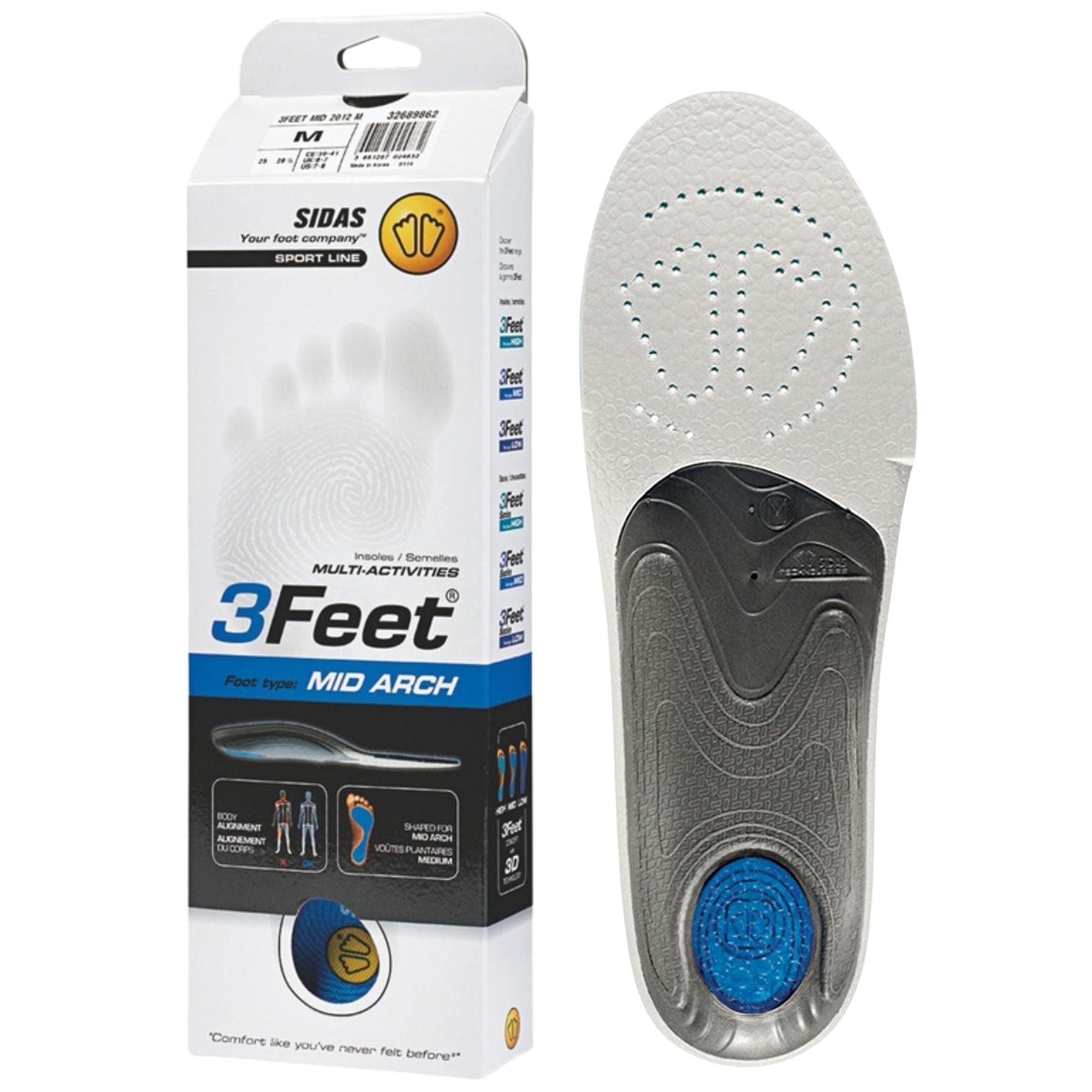 Sidas 3Feet Mid, Plantillas para arco media, Plantillas para calzado de diario y de trabajo, Confort duradero, Antibacterianas y transpirables, Plantillas para calzado de hombre y mujer