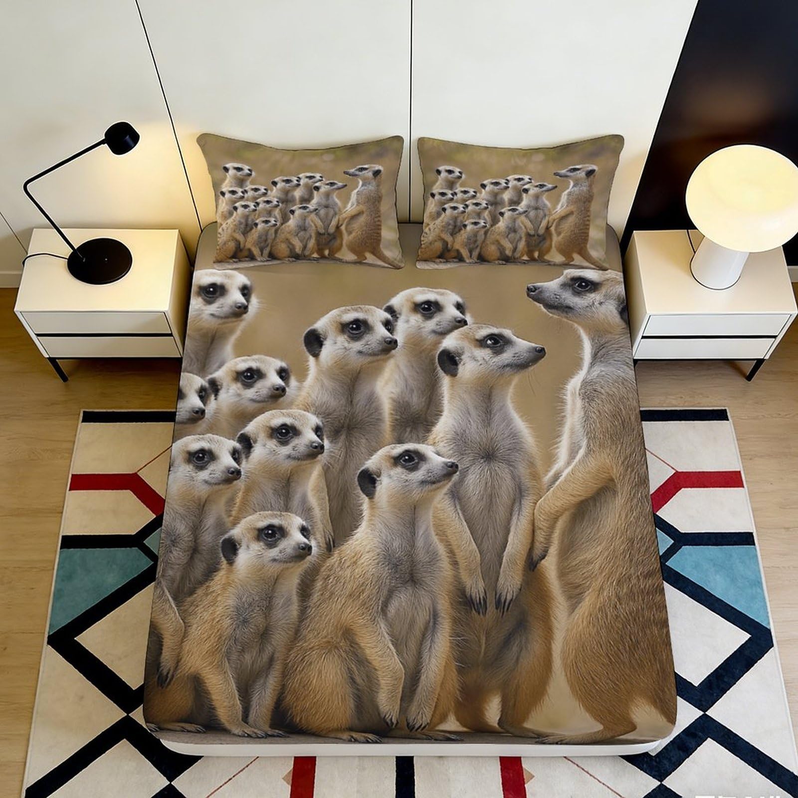 3D Printed Meerkat Group Fitted Sheet Microfiber Soft Animal Pattern Mattress Cover for Bedroom Home Decor 90x200x25cm