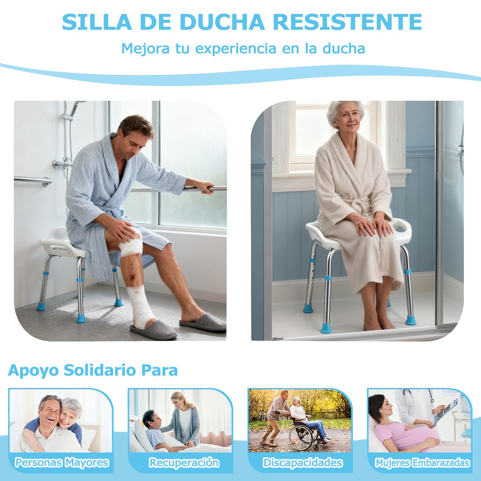 Taburete de Baño para Personas Mayores, Taburete de Ducha de Aluminio Ligero, Altura Ajustable Silla de Ducha con Patas de Antideslizantes, Pequeño Respaldo y Asas Integradas, Carga de 150 kg