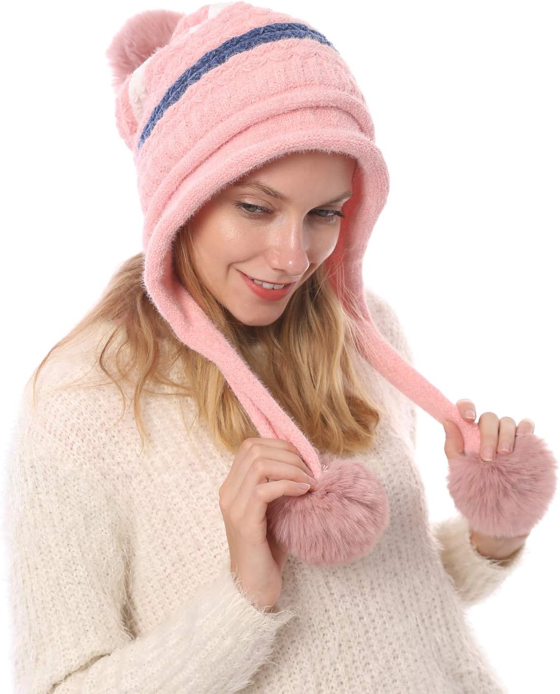 Women Winter Peruvian Cover Ears Beanie Hat Ear Flaps Sherpa Ski Snow Hats Knit Fleece Lined 3 Pom Pom - Image 5