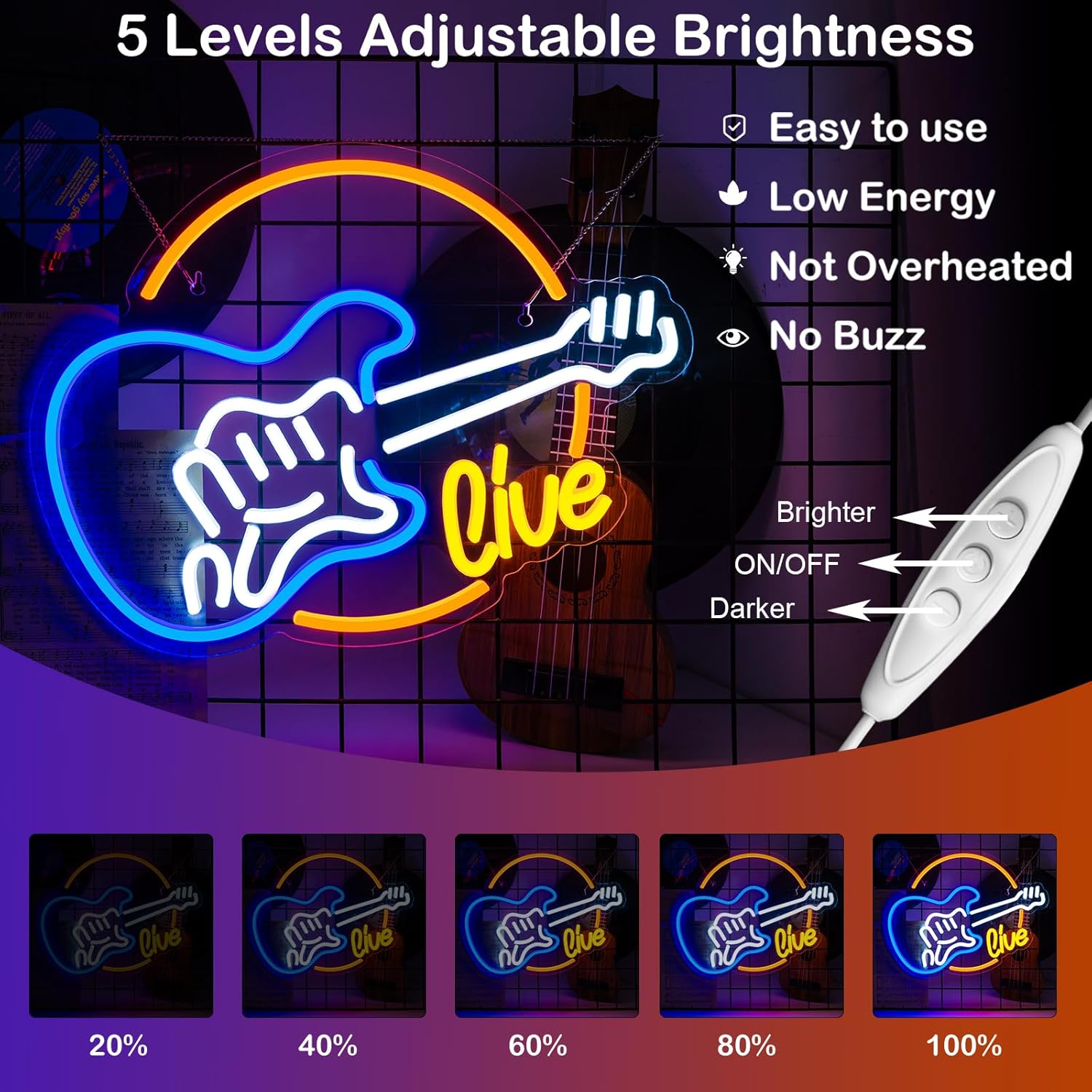 Wanxing Live Music Neon Signs Guitar Shape LED Signs Game Art LED Neon Signs for Wall Decor Studio Neon Light Signs USB Powered Switch Lights Up Sign for Party Lover Girl Boy(Colorful Guitar Live) - Image 3