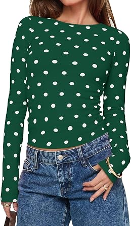 UNCLECAT Womens Polka Dot Long Sleeve Crop Top Slim Fit Trendy Tee