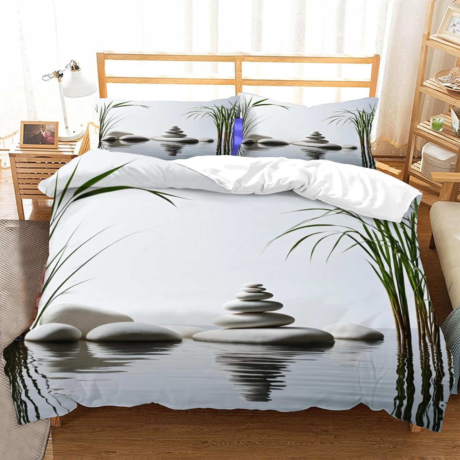 Japoński styl super king size zestaw poszewek na kołdrę zen kamień zielony bambus miękka poszewka na kołdrę całoroczna poszewka na kołdrę 260 x 220 cm szczotkowana mikrofibra hipoalergiczne zestawy