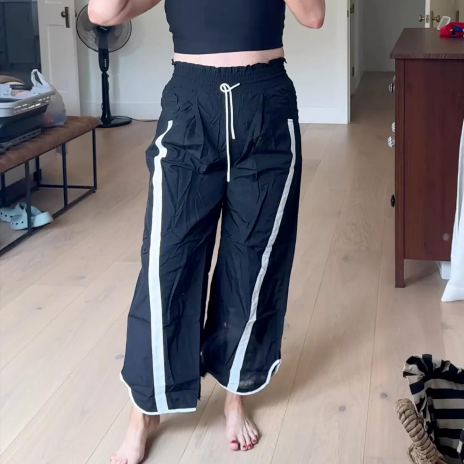 Casual Wide Leg Pants Woman Drawstring Elastic Waist High Rise Strip Flowy Long Lounge Trousers with Pockets - Image 7
