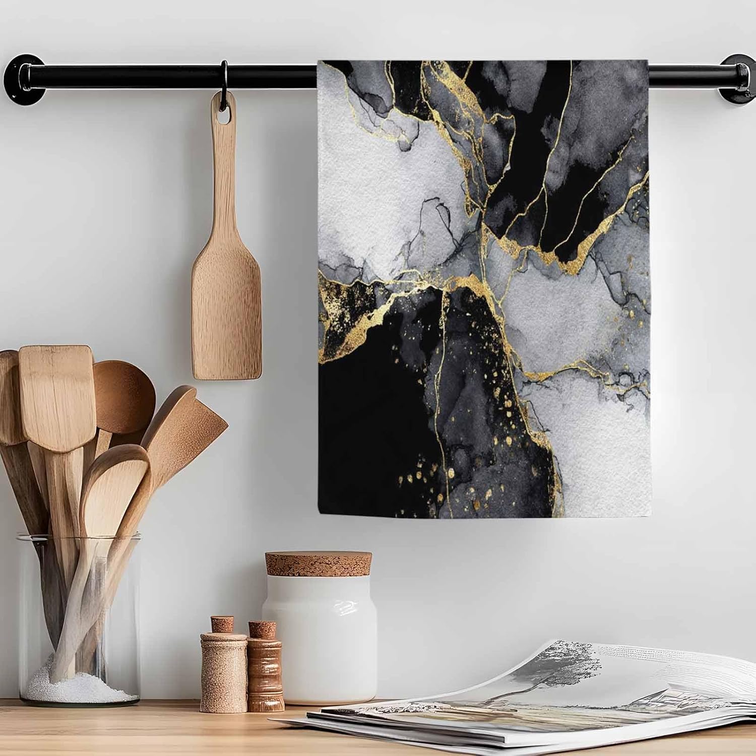 Kitchen Towels Cotton Dish Towel, Modern Black Gray Marble Texture Soft Dishcloth Absorbent Tea Towel, Abstract Gold Stripe Reusable Washable Hand Towels 2 Pack