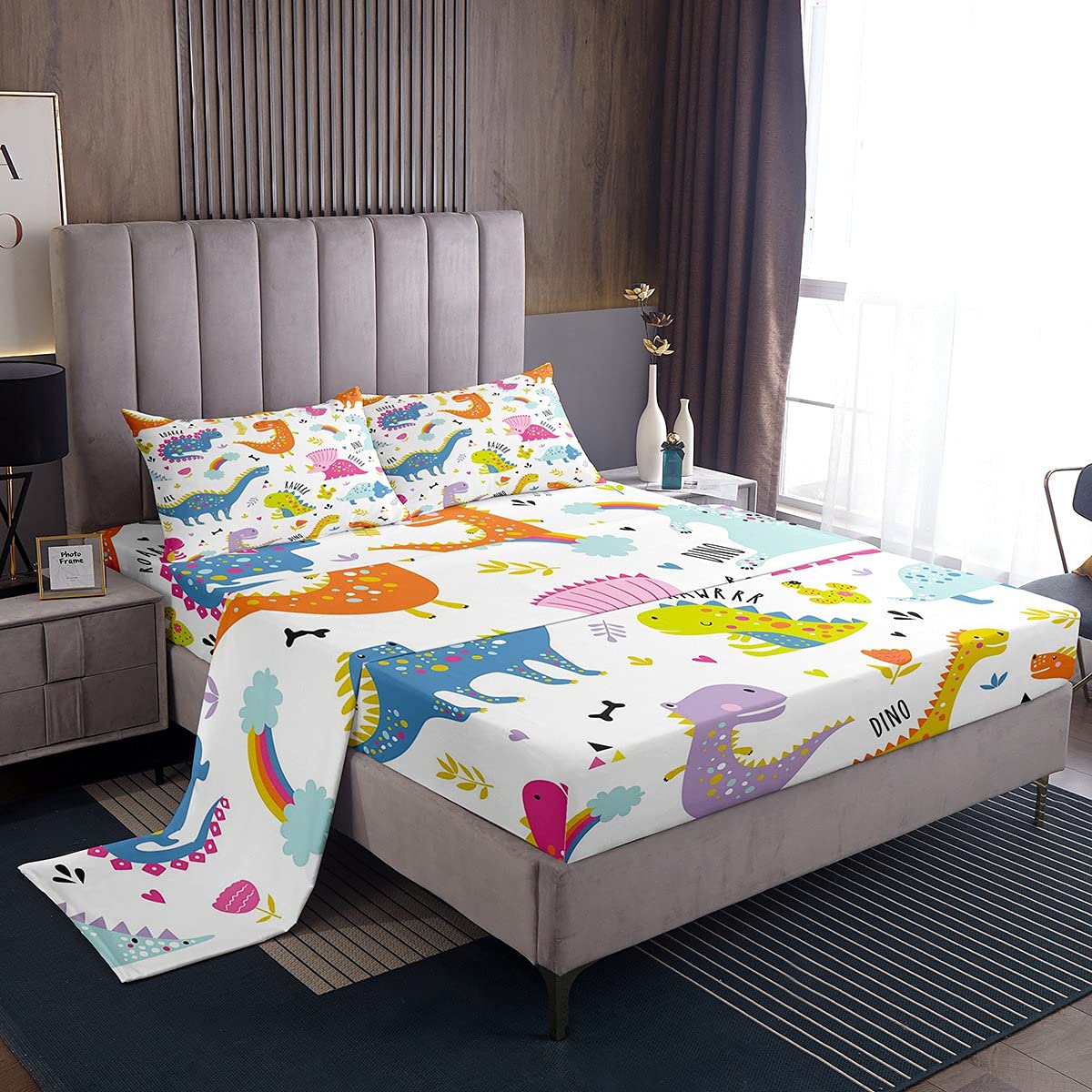 Dino sábanas para niñas, lindos animales de la jungla, ropa de cama con rincones, fauna salvaje, funda de cama, 4 piezas, ropa de cama matrimonial