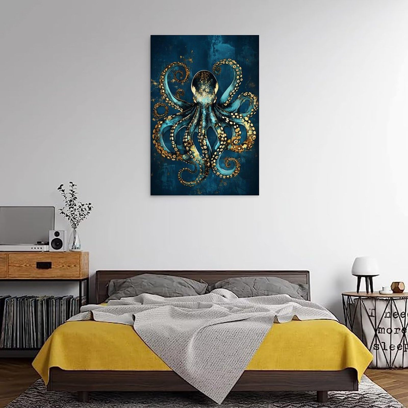 Séa Lifé inspiriertes abstraktes blau-goldenes Oktopus-Kunstwerk, elegante hängende Gemälde, Poster, Wandkunst für Wohnzimmer, Innendekoration, 60 x 90 cm