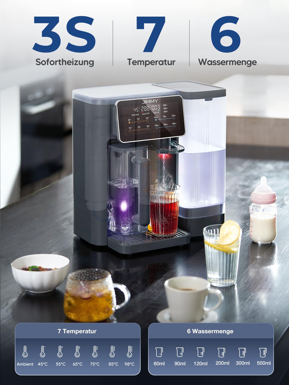 Jimmy R9 Osmoseanlage Trinkwasser Auftisch, Umkehrosmoseanlage Wasserfilter mit Heißwasserspender, 7-stufige Filterung RO & Mineralien, UV, 3S-Heizung