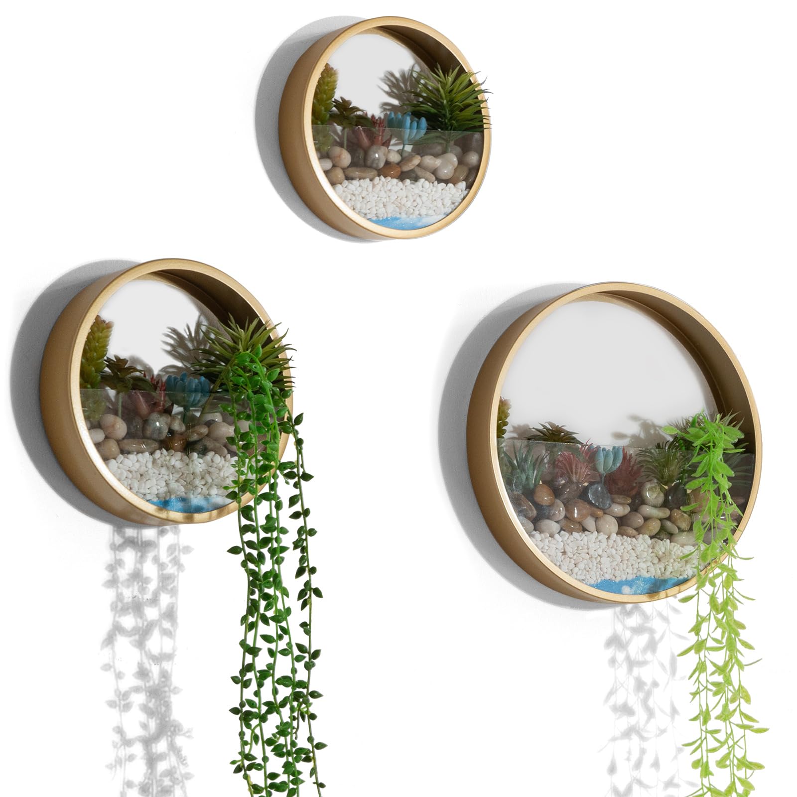 Gold Metal Wall Planter Set of 3, Indoor Metal Hanging Planter with 10Pcs Artificial Succulents Wall Decor Round Succulent Planters Air Plant Pots Container for Cactus Home Office Decor