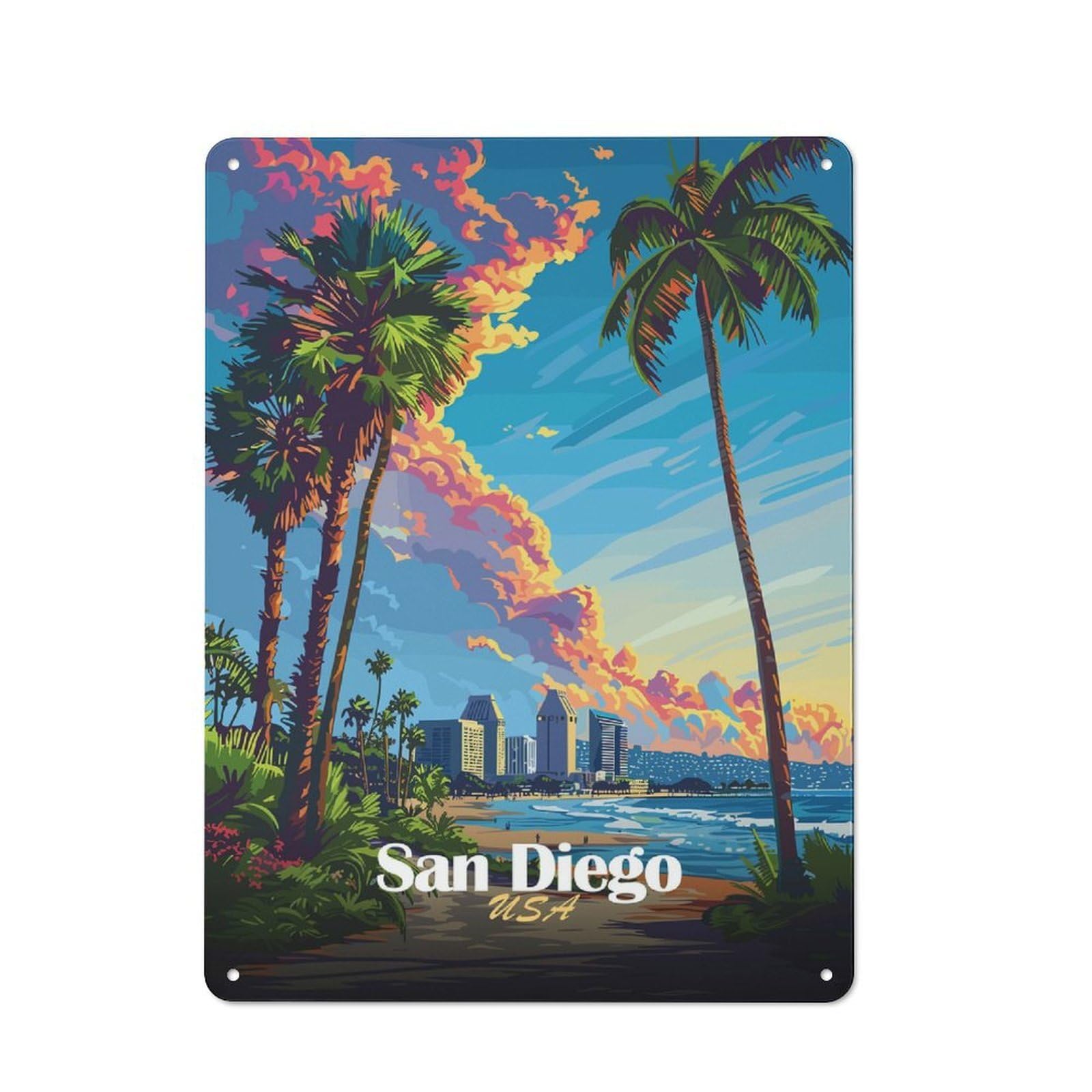 Junmoney Style-14 Simple Retro San Diego Sunset Metal Desk Wall Sign 40X30cm, Studio Wall Plaque For Workspace, Cafe, Shop Or Desk Area