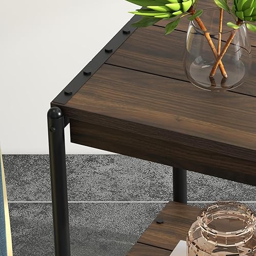 Miniatura 9 de Mesa auxiliar, mesa auxiliar cuadrada moderna industrial, mesita de noche de madera con marco de metal de 2 niveles, mesas auxiliares, muebles para