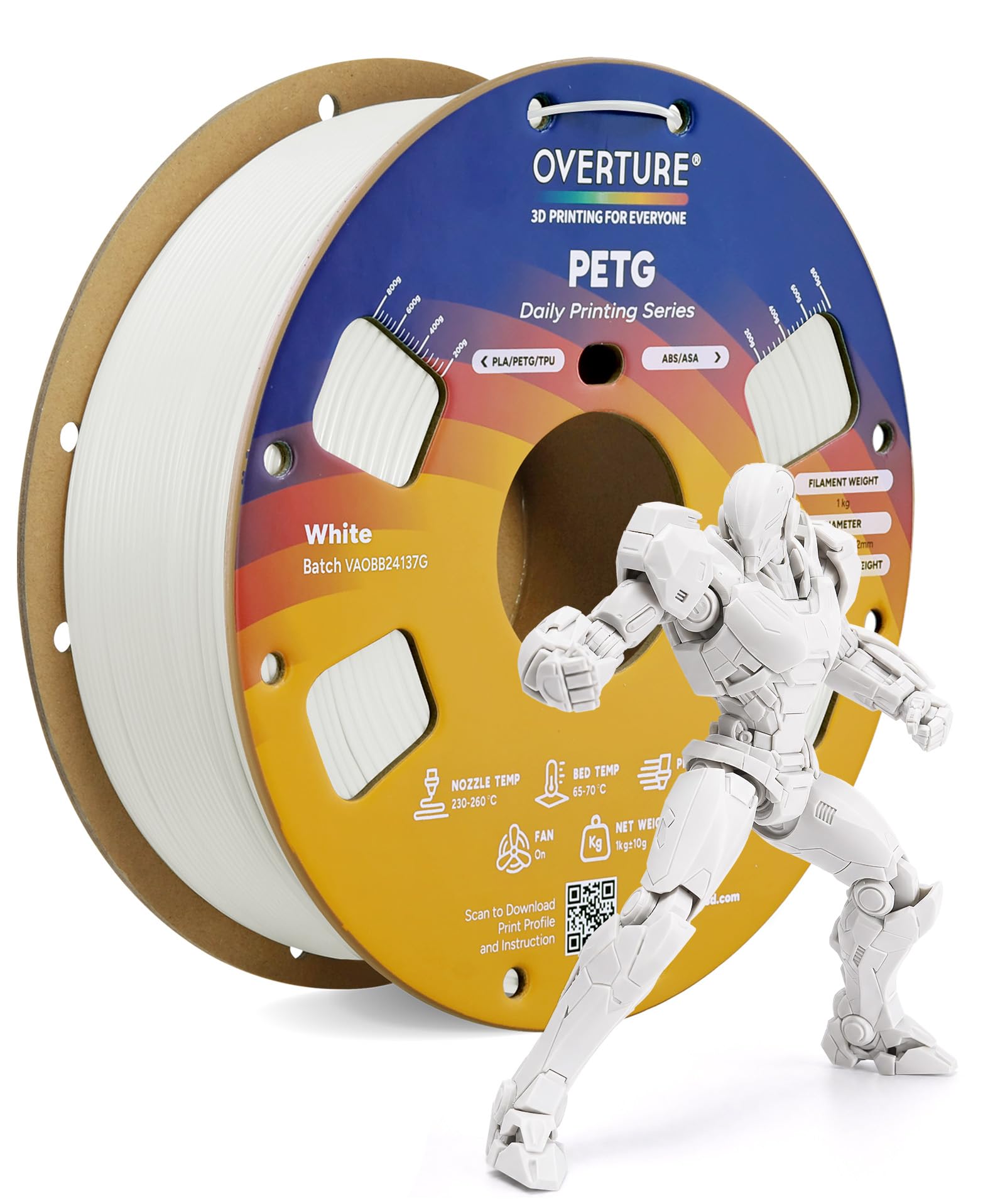 OVERTURE Rapido PETG Filamento 1,75 mm Bianco 1kg Alta Tenacità | Stampa 3D Rapida • Alta Tenacità • Alta Resistenza • Precisione ±0,02 mm • Compatibile con Stampanti 3D FDM