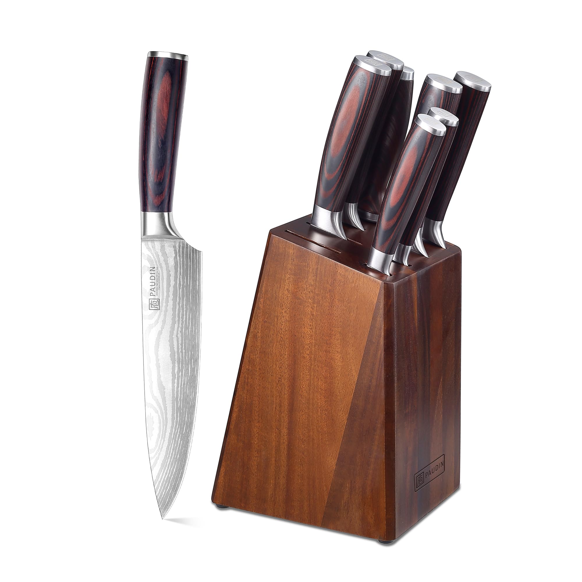 Paudin Messerblock Set mit 9-TLG, Scharfes Hochwertiges Küchenmesser Set aus Edelstahl, Messerblock mit Messer & Ergonomischem Holzgriff, Messerset mit Block für Koch/Haushalt, FDA