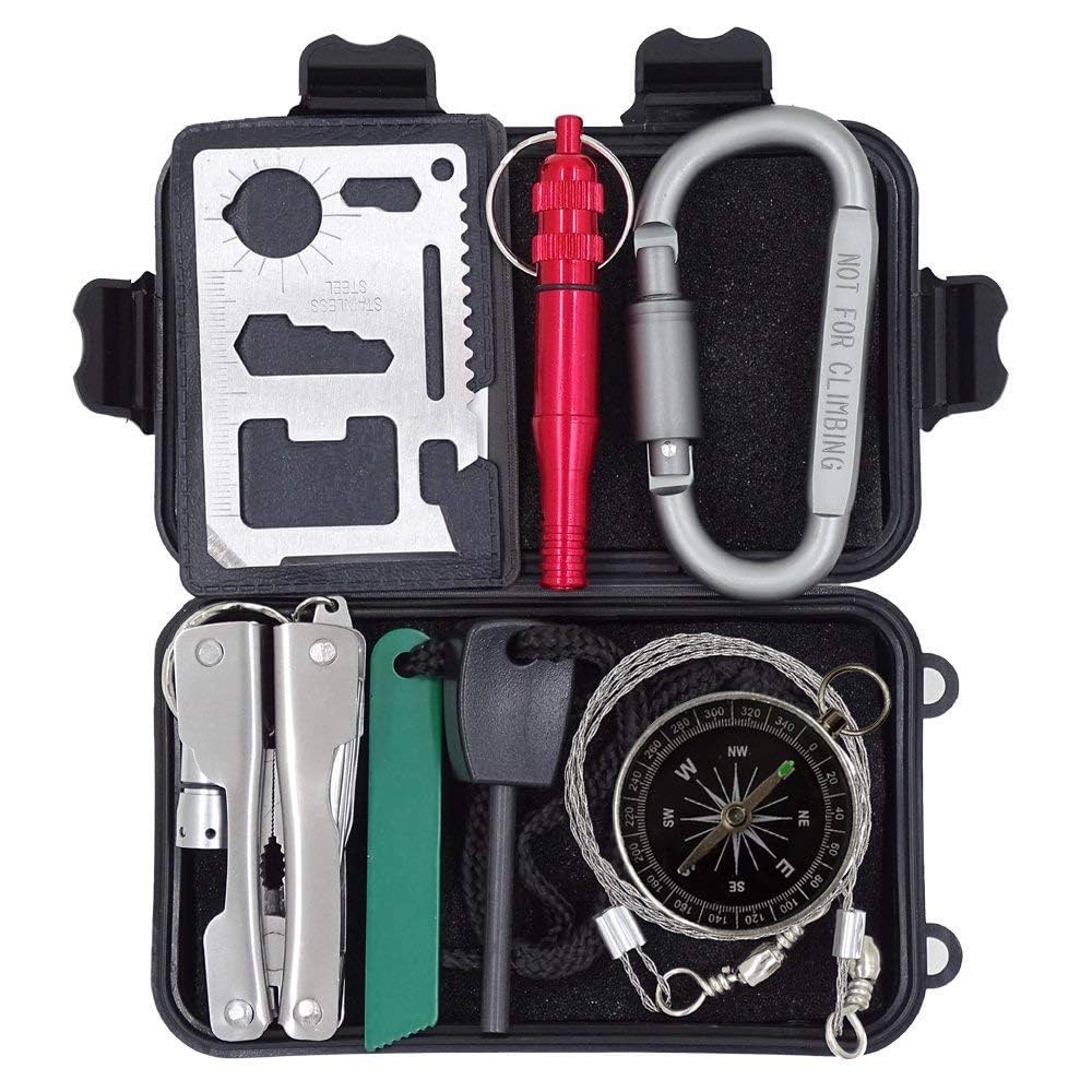 Professional outdoor survival kit with essential tools and equipment laid out systematically