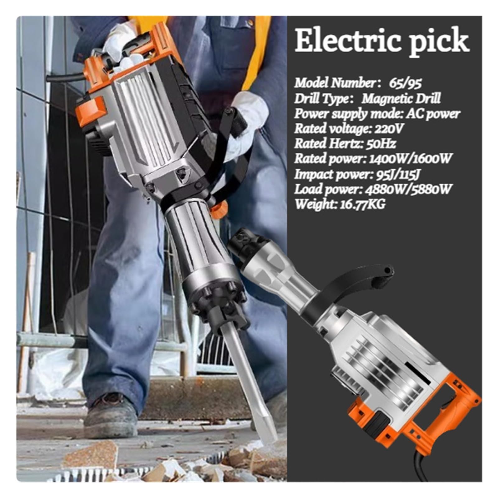 Łamacz betonu, Elektryczny młot udarowy Heavy Duty 1500W/1600W do betonu, 3 sztuki dłut, bity do mielenia, walizeczka(65 Suit)