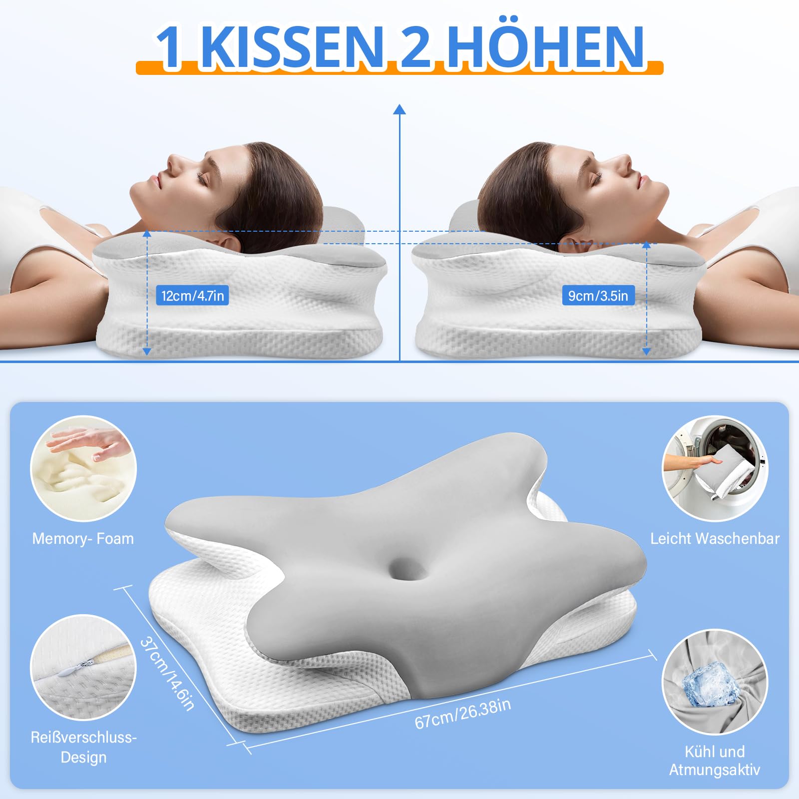 Ehomfory Nackenkissen Kopfkissen Memory Foam Kissen Nackenstützkissen, Ergonomisches Seitenschläferkissen für Seiten, Rücken & Bauchschläfer, 67x37x9/12 cm