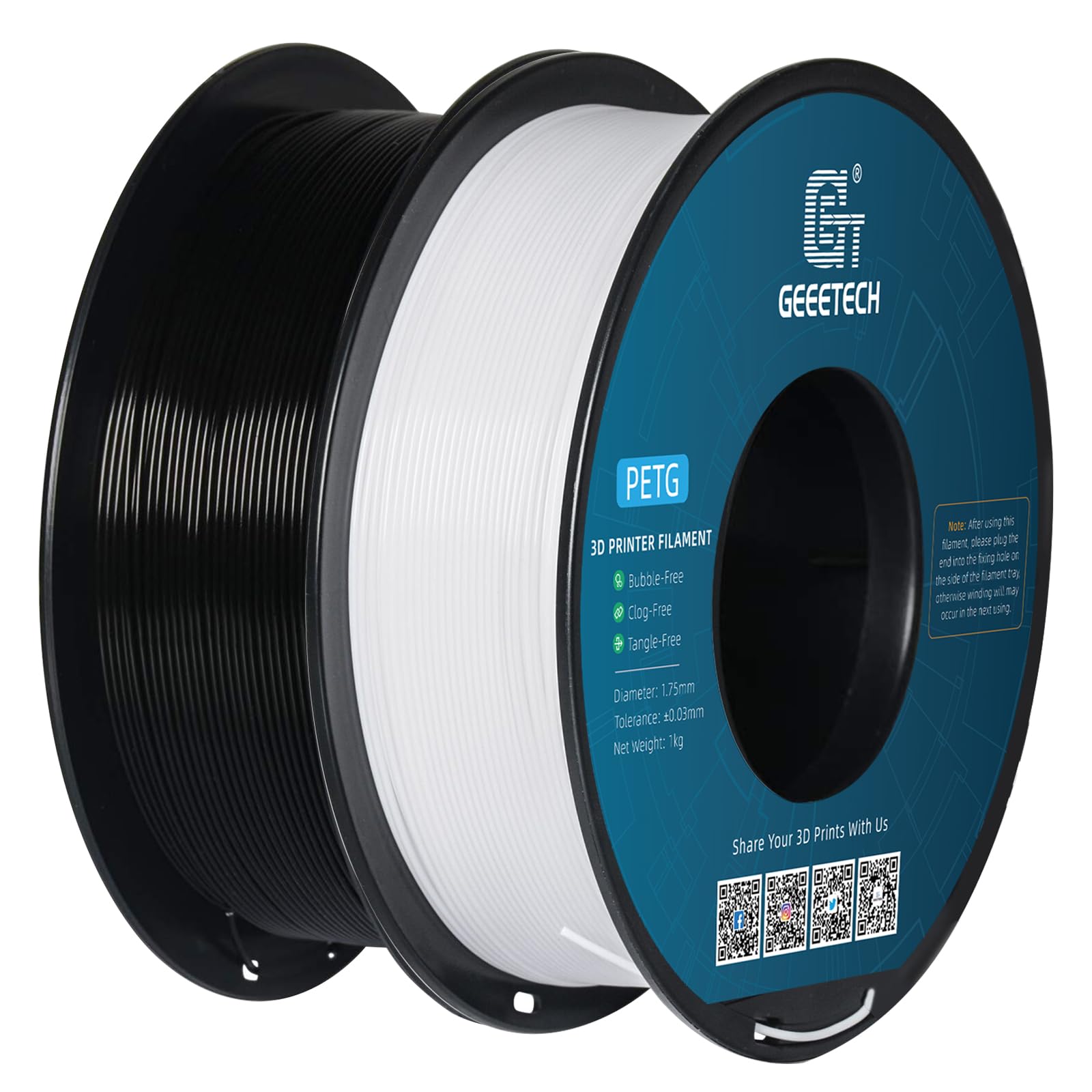 GEEETECH PETG Filamento 1,75 mm, filamento per stampante 3D, 1 kg per bobina, 2 bobine, nero&bianco