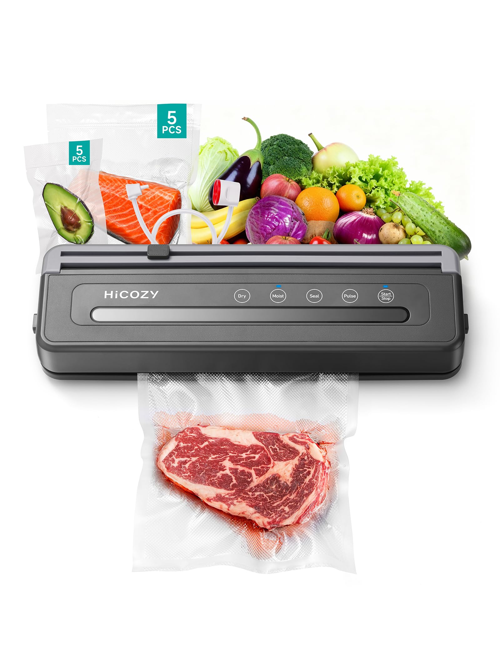 HiCOZY H600 Food Vacuum Sealer Machine, Dual-Sealing with 60kPa Suction for Sous Vide Cooking, 5-in-1 Modes for Dry & Moist Foods, Removable Drip Tray & Built-in Bag Cutter, Grey