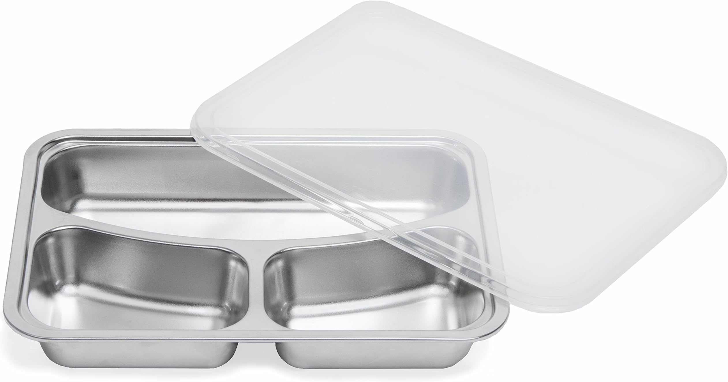 3 Compartment Stainless Steel Food Storage Container with Plastic Lid, Bento Box, 3 Section Lunch Tray with Cover. For Hot and Cold, Oven safe, Dishwasher Safe, Reusable, Lasts Forever