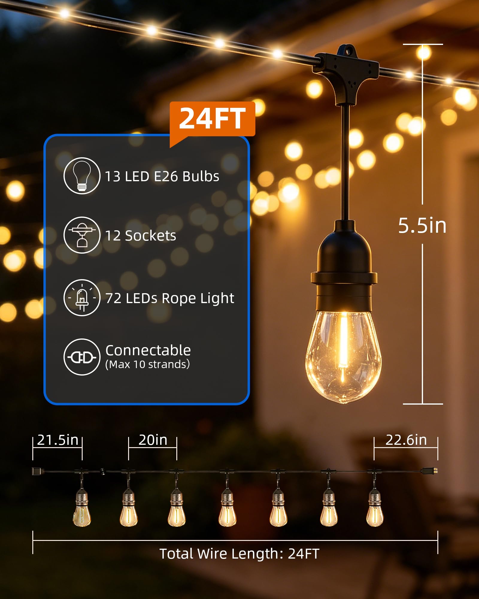 Guirnalda de luces para exteriores, 72 LED, impermeable, para patio, patio, inastillable, 12 bombillas Edison vintage, iluminación colgante para porche, jardín, patio trasero, cafetería, 6,2