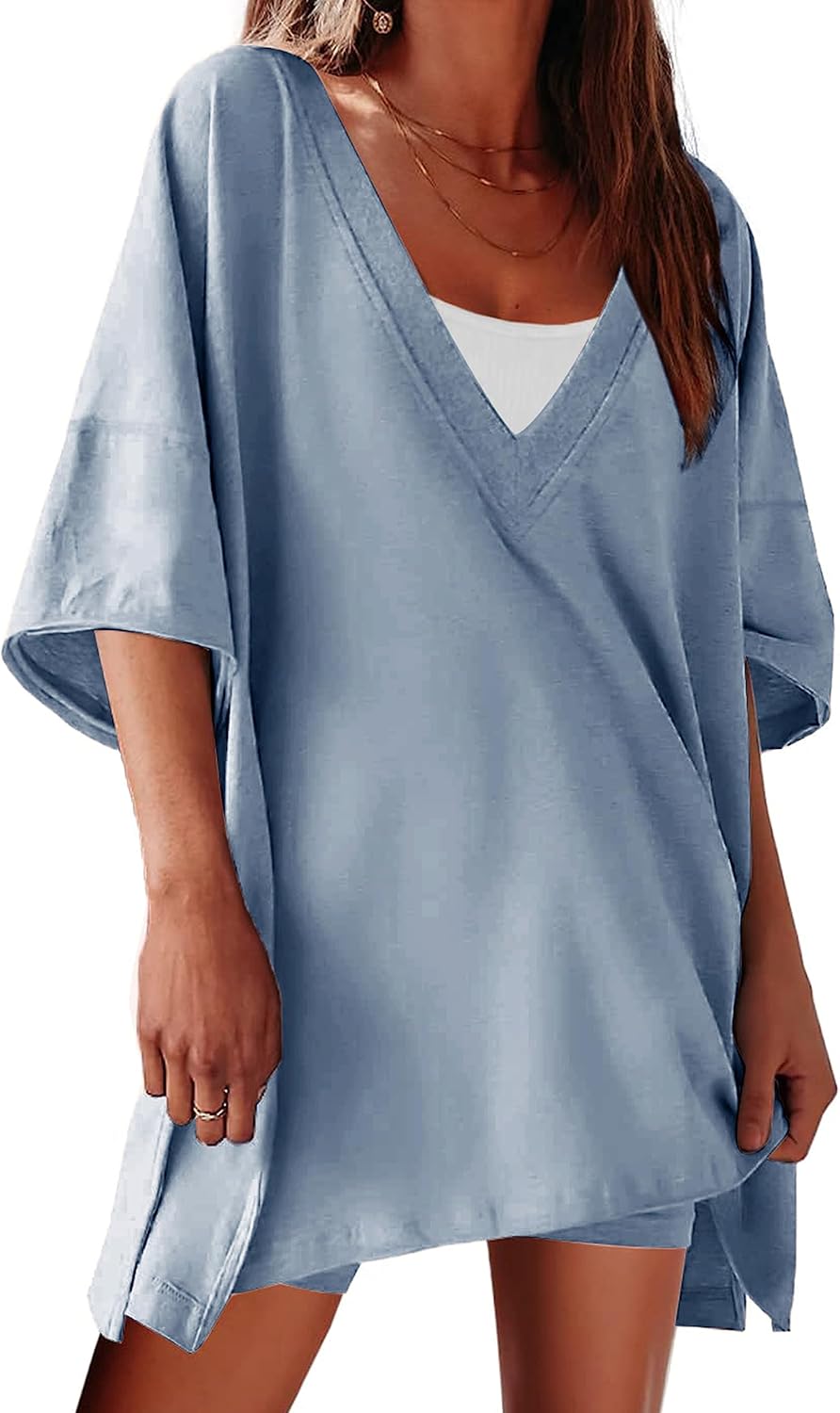 LTSCNRM 2 Piece Outfits for Women Reversible Oversized T Shirt Biker Shorts Sets Workout Tracksuit - Image 2