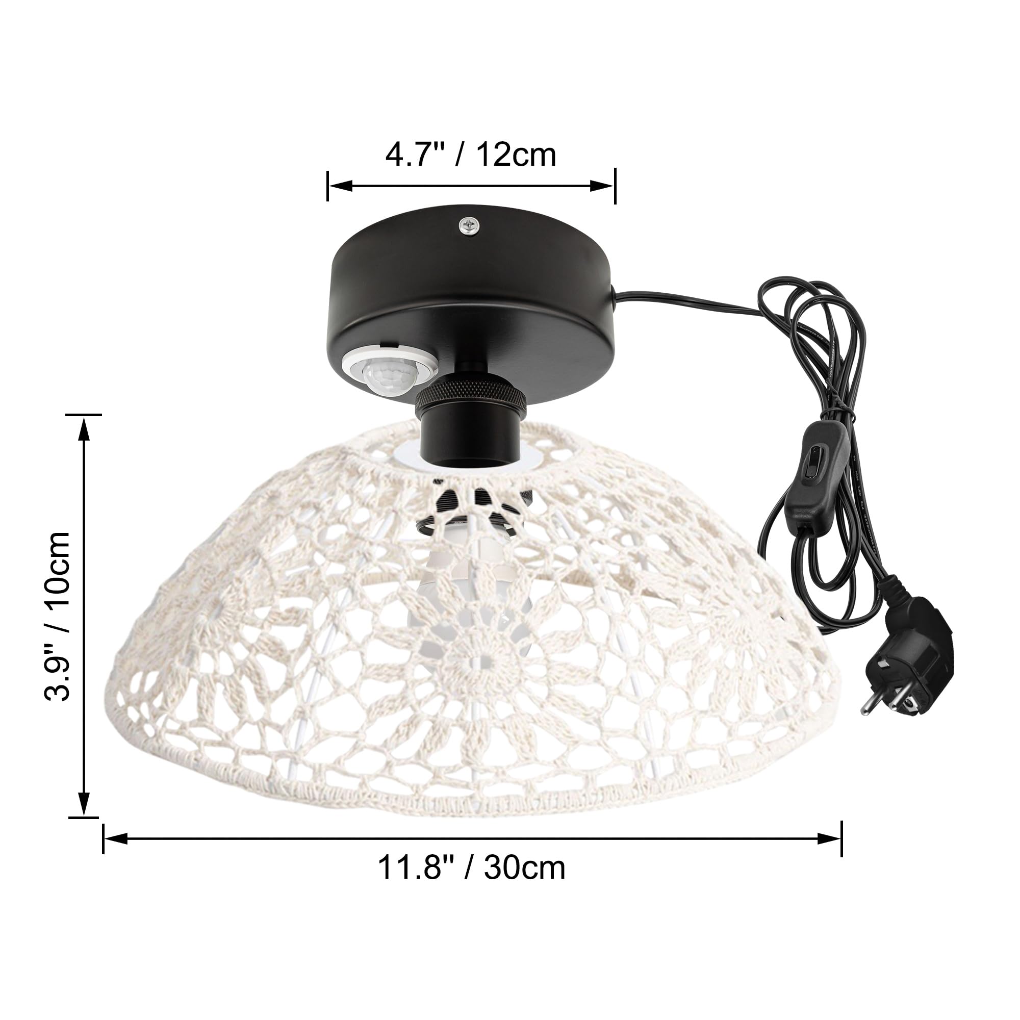 Lampada da soffitto con sensore di movimento interno, stile boho rattan, lampada da soffitto radar, sensore di movimento con cavo da 4,5 m e portalampada E27, per corridoio, bagno, scale,