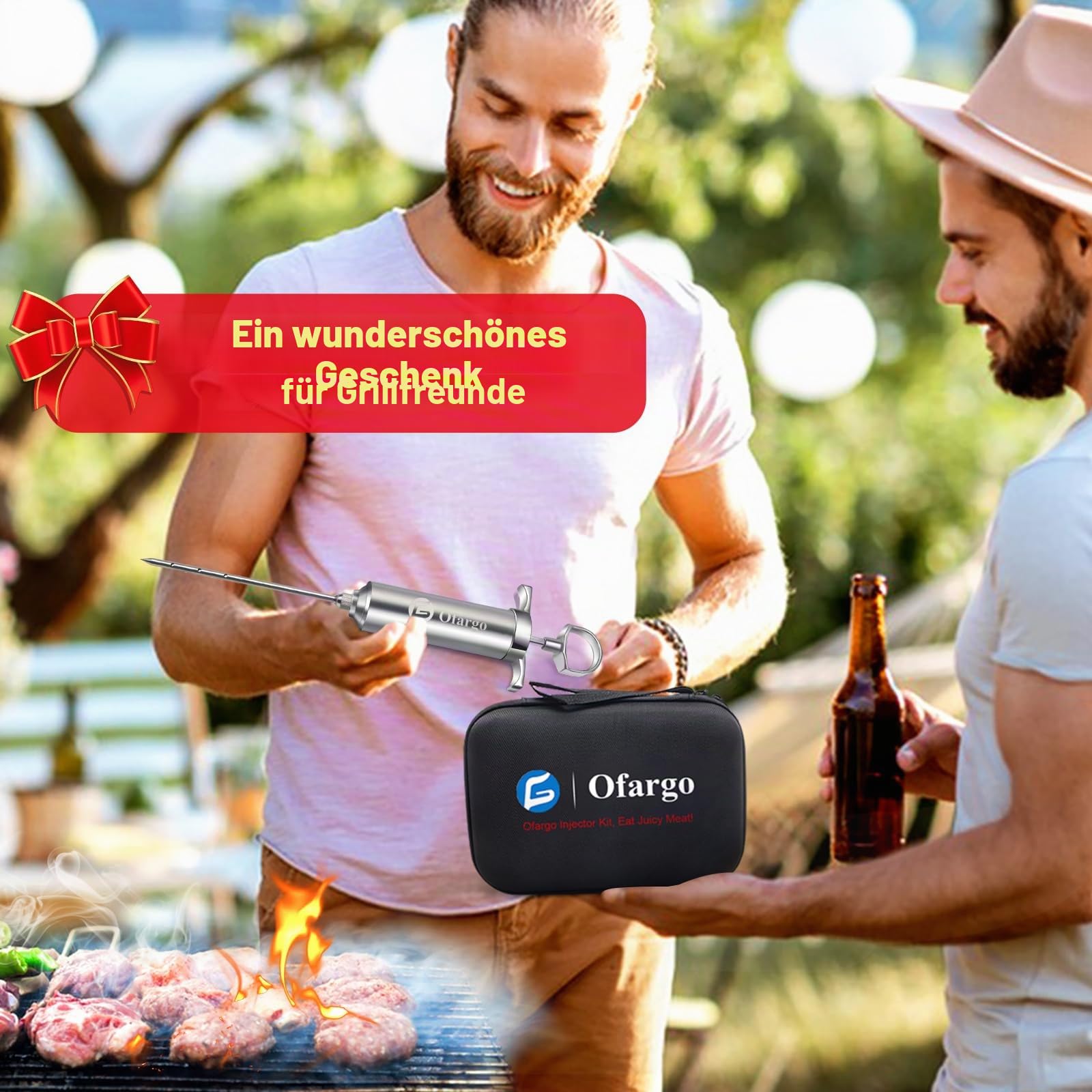 Ofargo Fleischspritze aus 304-Edelstahl, mit 4 Marinadennadeln und Reiseetui für Grill, Räuchern, 57 ml, großes Fassungsvermögen, Bedienungsanleitung und eBook-Rezept