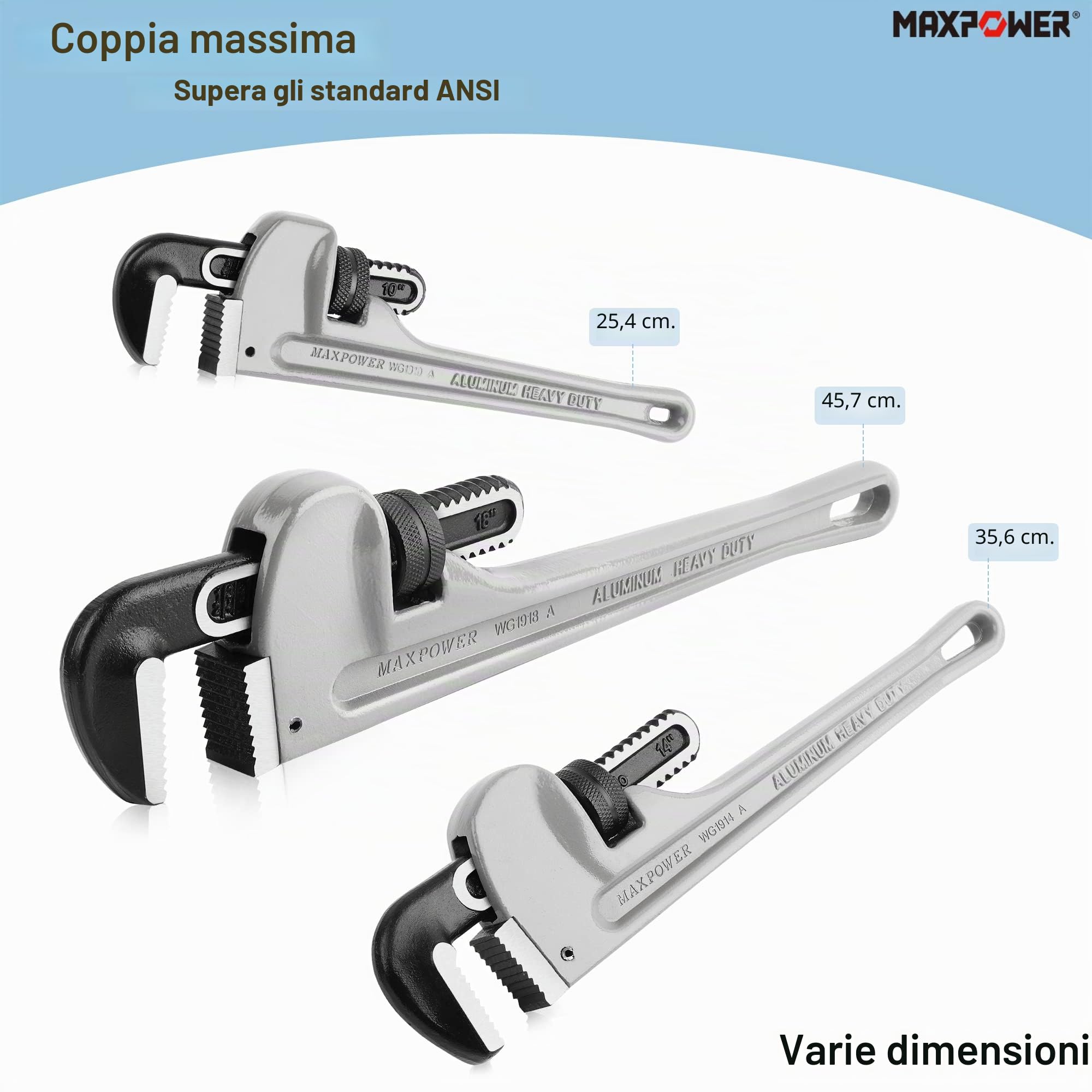 MaxPower Chiave per Tubi Dritta in Alluminio, Chiave per Idraulica da 35,5 cm, Diametro di Serraggio da 48mm