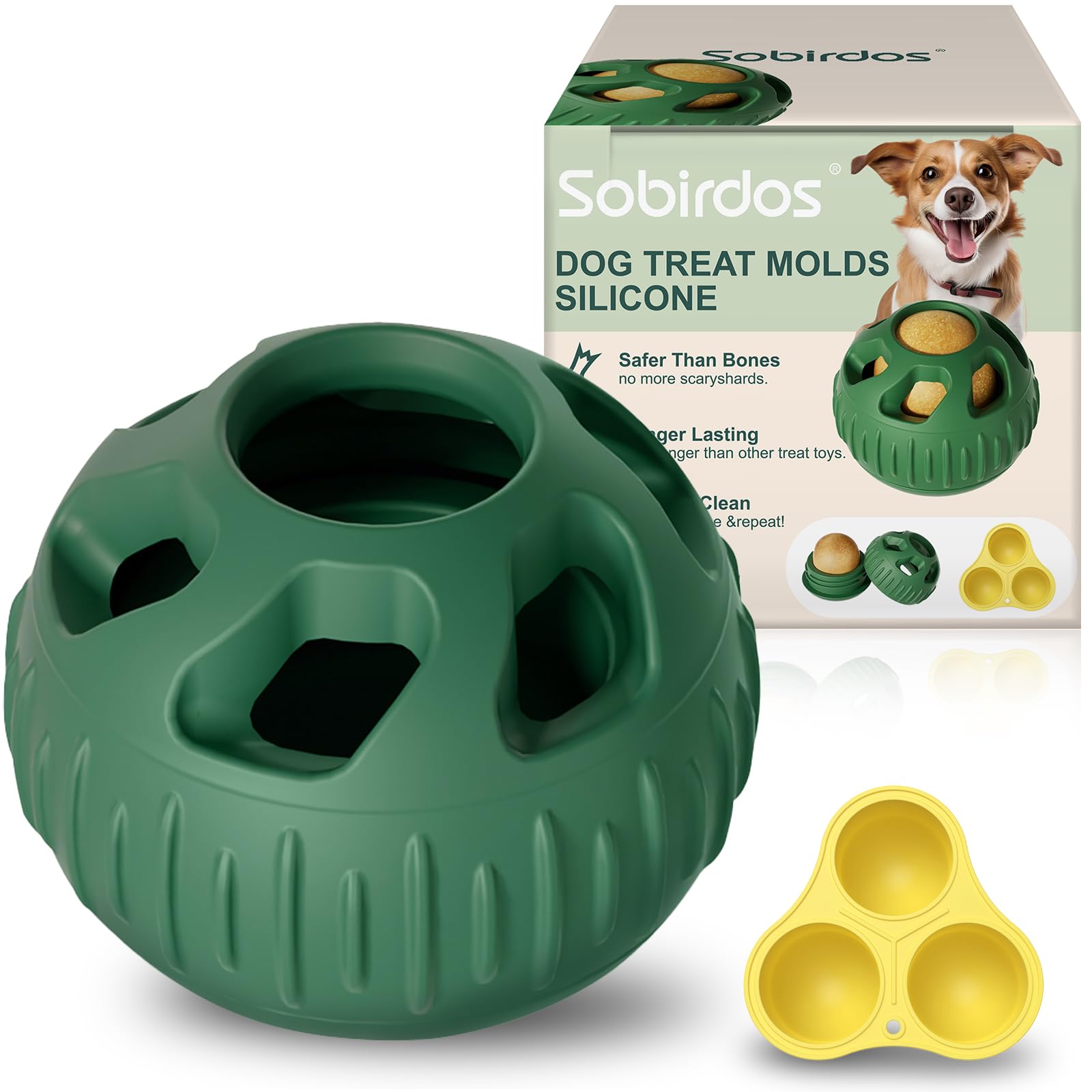 Sobirdos 2pcs Dog Chew Toys with Silicone Tray Mold,Frozen Dog Food Snack Balls,Dog Treat Molds Silicone,Freezable Fillable Rubber Dog Toys,Green Balls and Yellow Molds