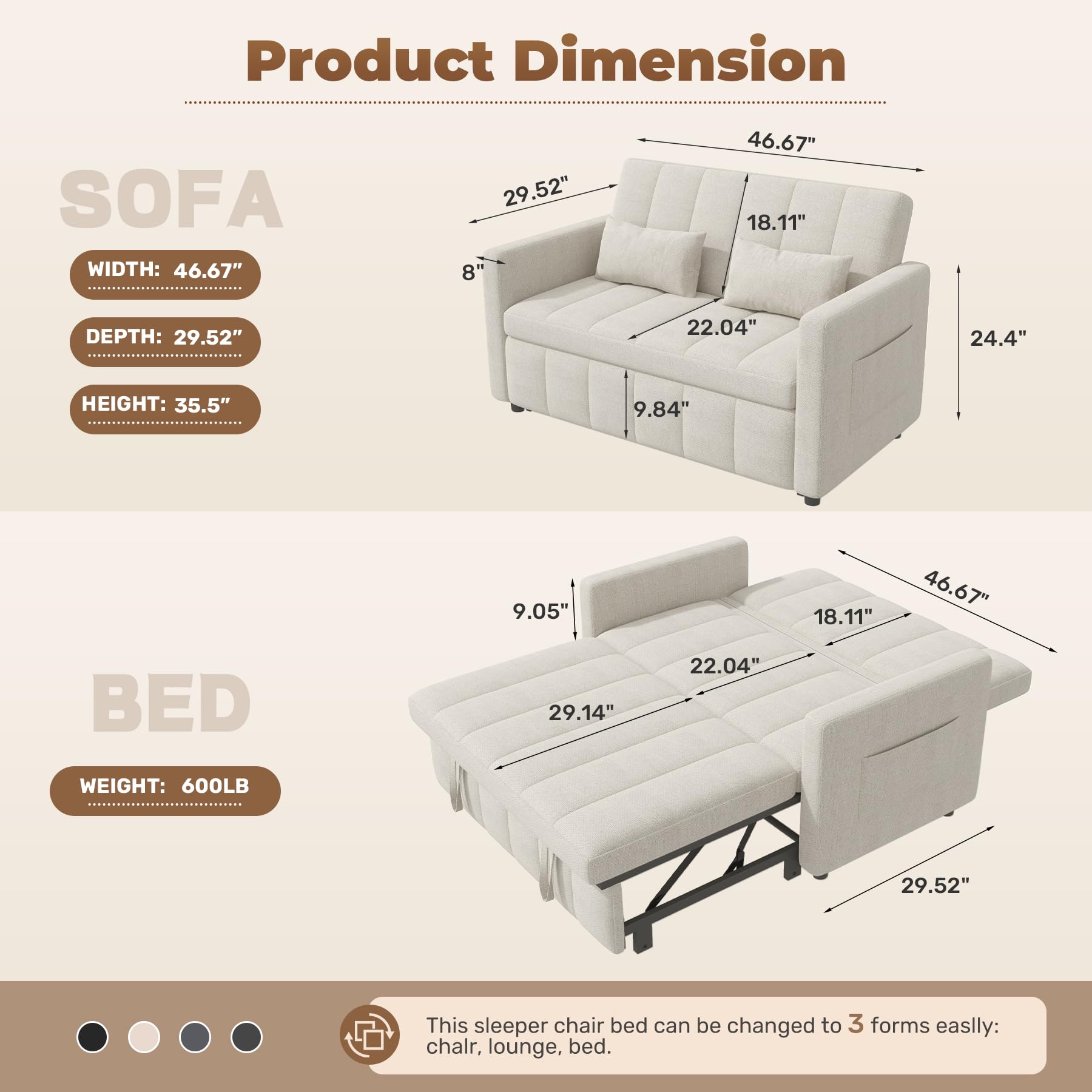 Nebuaegis Sleeper Sofa Bed,3-in-1 Convertible Pull Out Couch with Adjustable Backrest for Living Room,Loveseat Sofa Bed with Side Pockets,Easy Assembly,Beige,1 PCS