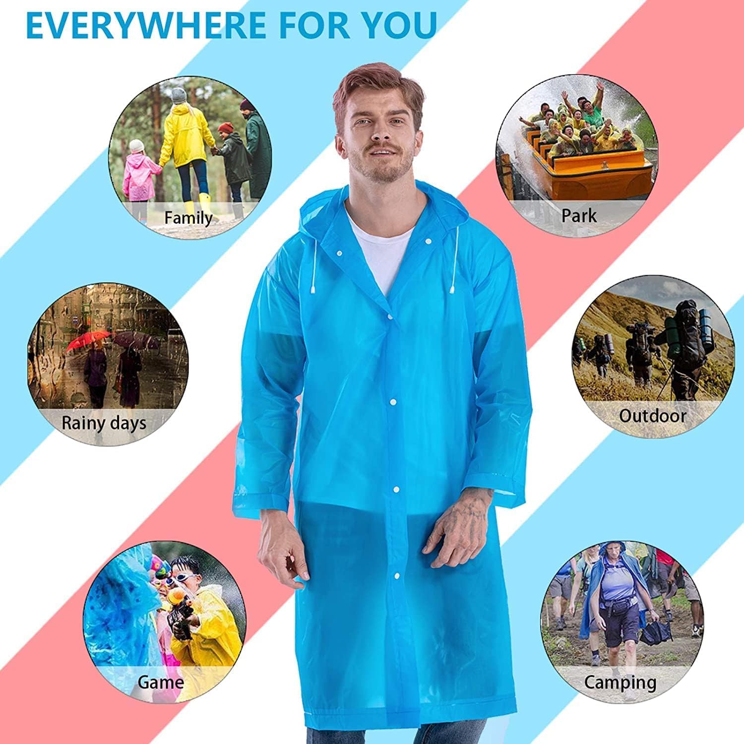 Hacer EVA Rain Poncho rain coat for Men & Women, Lightweight Waterproof Raincoat with Hood, Adjustable Drawstring & Snap Button Closure Reusable Outdoor Rainwear for Boys & Girls (Free Size, Sky Blue) 2