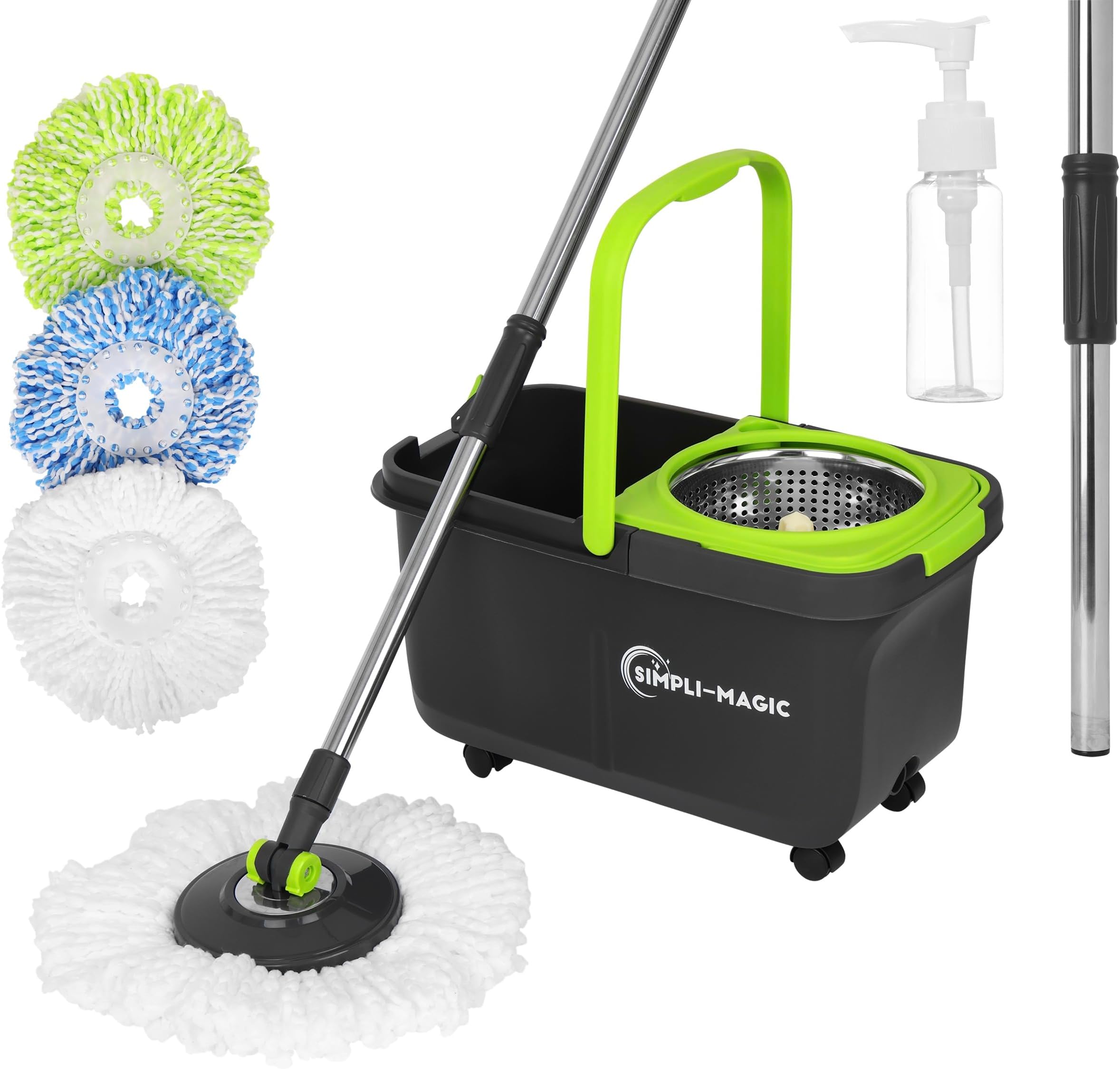 Simpli-Magic 360° Spin Mop and Bucket with Wringer – 3 High-Absorbent Microfiber Washable Heads, Soap Dispenser – Spinning Mop and Bucket Set for All Types Floor Cleaning