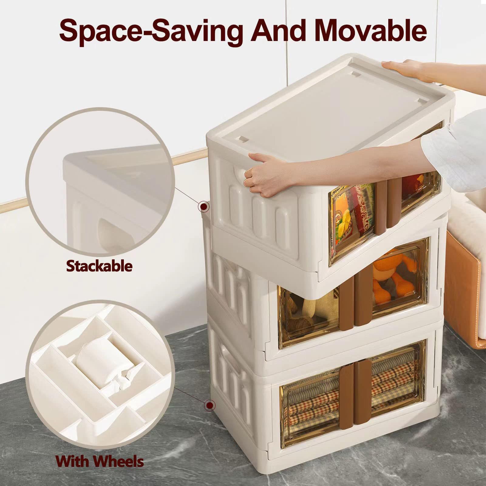 Contenitori Impilabili Con Ruote 4 Pezzi Extra Large - Con Coperchi E Ante, Pieghevoli, Capacità 640 QT, Organizer Per Armadio E Casa, Plastica Resistente