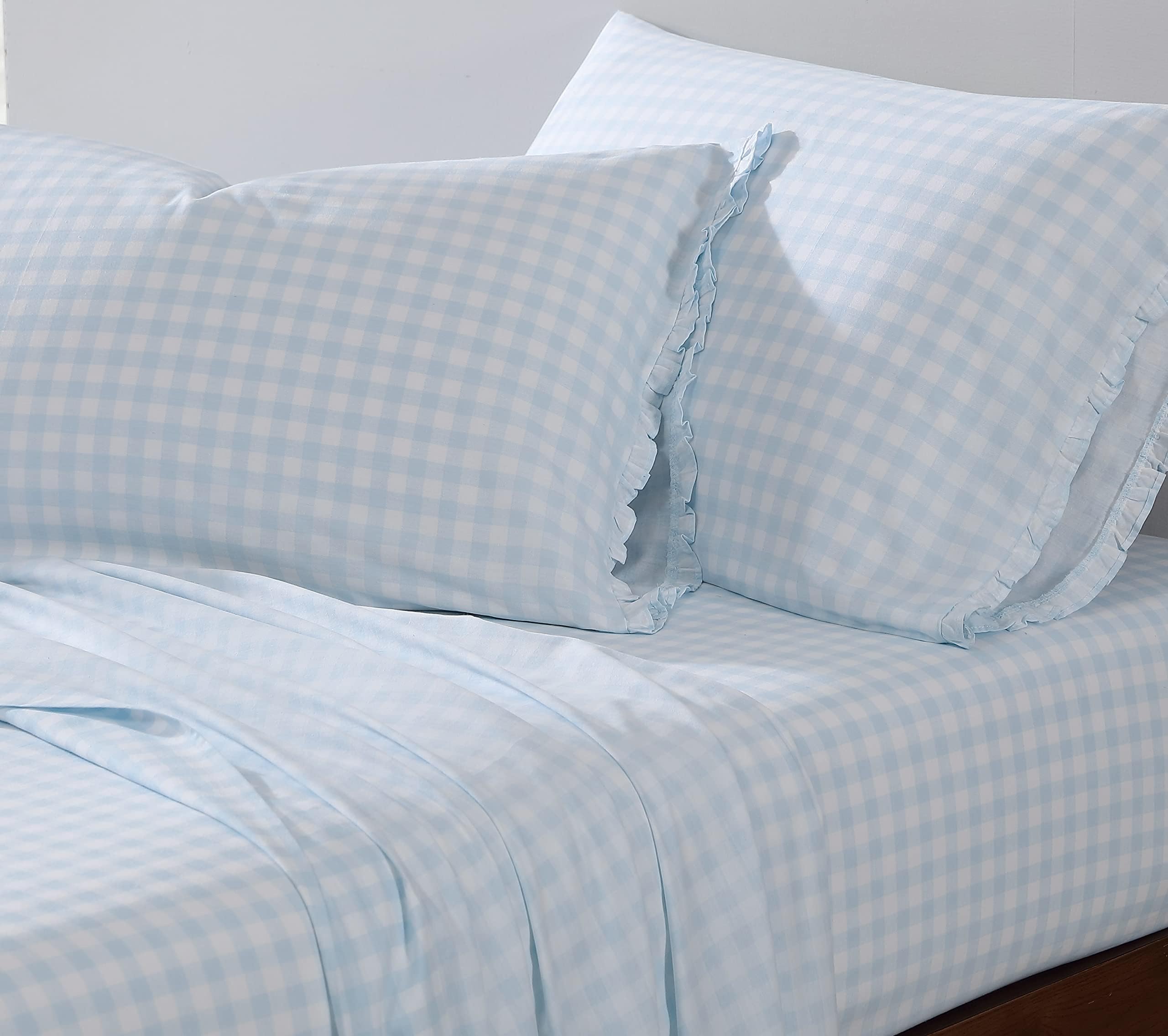 Shabby ChicKing Sheets, Soft & Breathable Organic Cotton Bedding Set, Classic Style Home Decor with Ruffled Pillowcases (Gingham Blue, King)