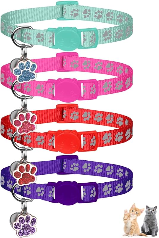 Coleira para Gatos com Fecho de Segurança, Refletiva e com Guizo HLJ, Pacote com 4