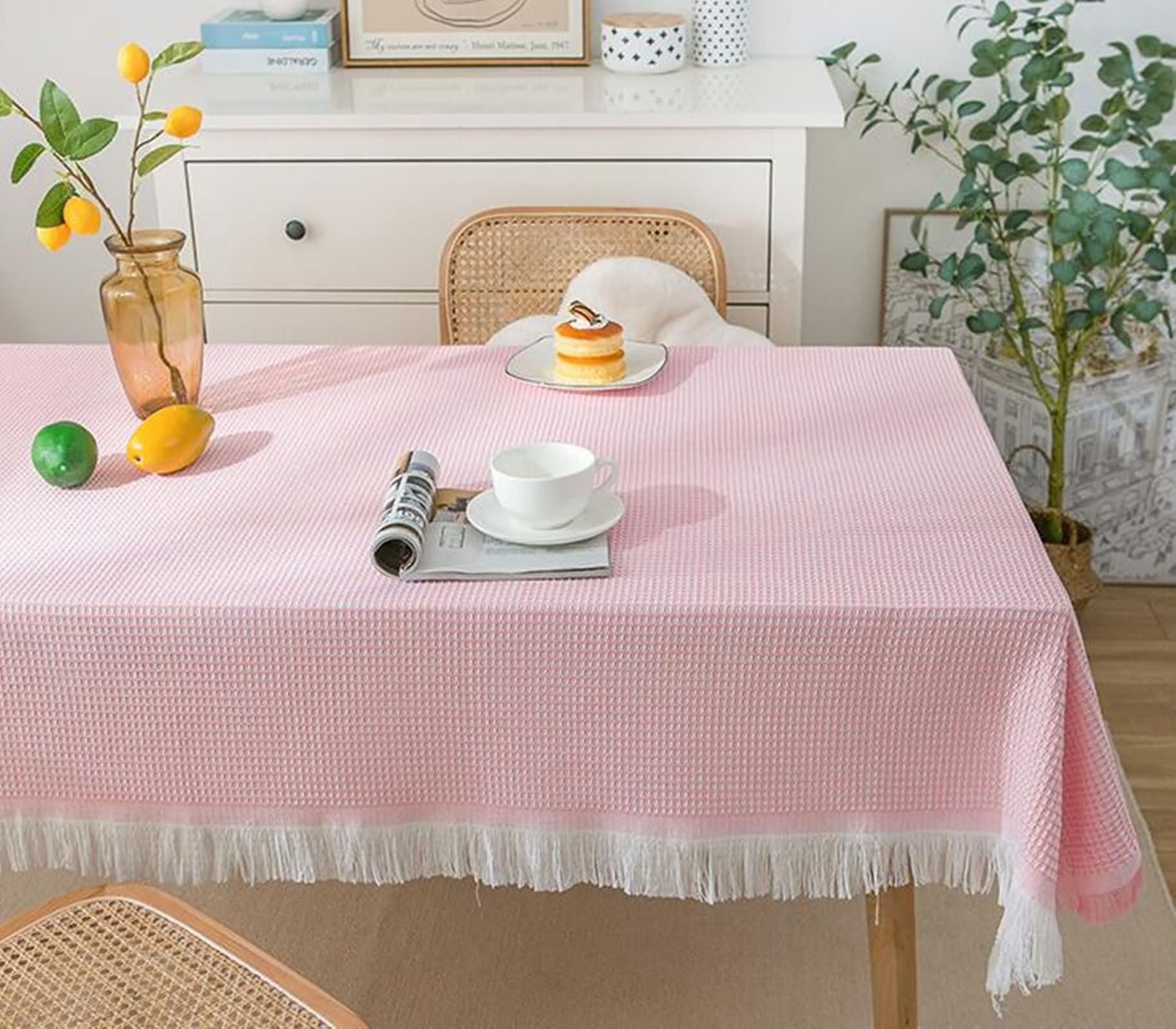 Tovaglia Decorativa Rettangolare, 180x260 cm Tovaglia in tessuto a quadri per sala da pranzo, cucina, feste, con frange, Rosa Bianco, Stile3