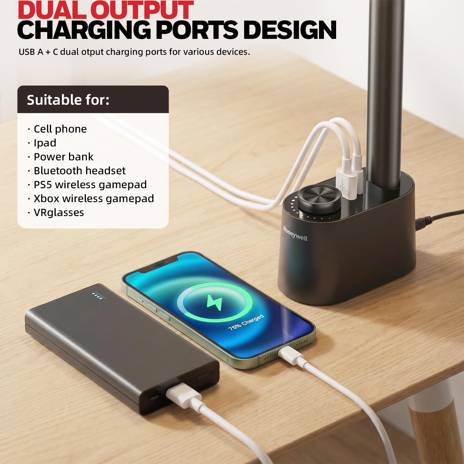 Honeywell Schreibtischlampe mit Ladestation USB A+C, Faltbar, CRI95,Dimmbar | Faltbare LED-Schreibtischlampe mit USB-C/A-Ladung, RG0, CRI95, stufenlose Dimmung 10-100%, 3 Farbtemp. (3000K-5000K).