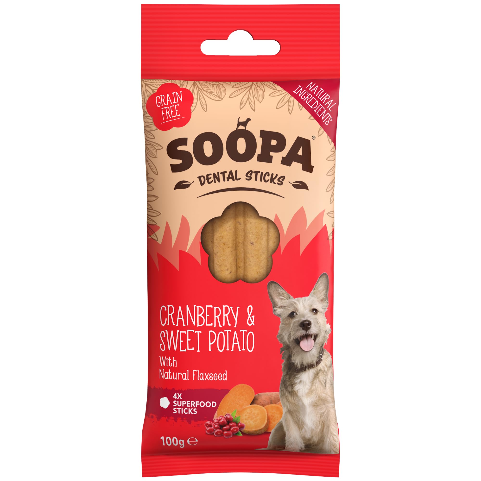 Soopa Cranberry & Sweet Potato Dental Sticks, Vegan, Human-Grade Dog Chews to Clean Teeth, Breath Freshener, Aid Digestion, Natural, Superfood, Vegan, Healthy, Grain Free Dog Treats, 100 g, 1-Pack