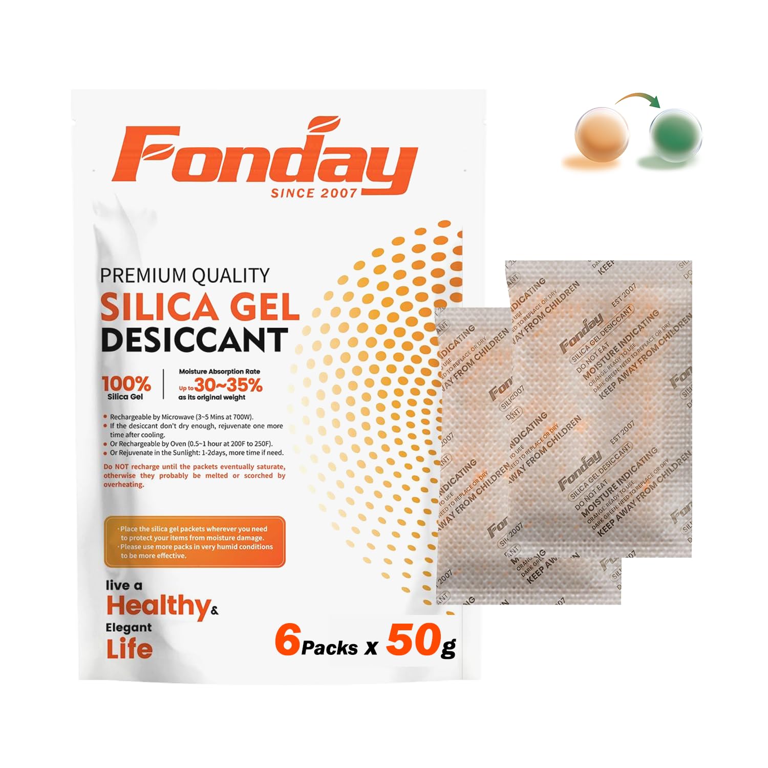 50Gram x 6Packet Rechargeable Silica Gel Desiccant Packets Fonday Food Grade Fast Reactivate Desiccant Bags Moisture Indicating Orange to Green for Closet Gym Bag Jewelry Tools food medication
