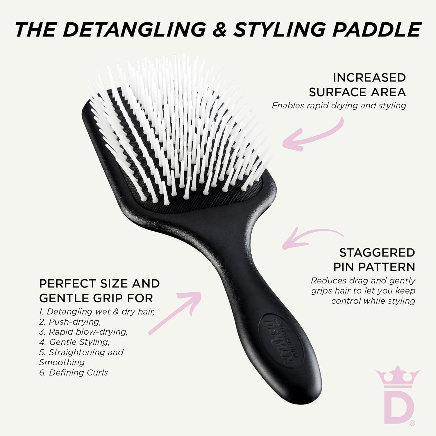 Denman Detangling & Styling Paddle Brush – Wet or Dry Hair Detangler & Styler for Curly, Coily, Straight, Thick & Long Hair – Ideal for Women & Men - Image 5