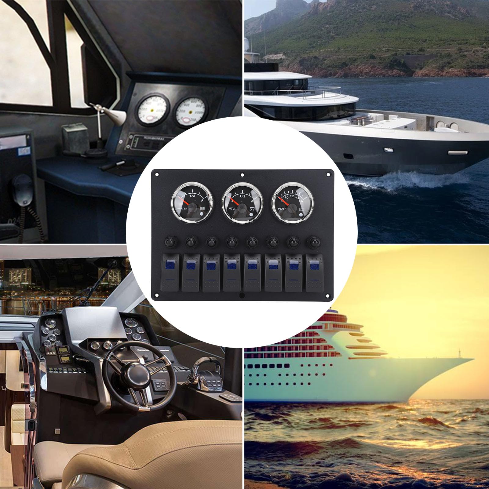 Leapiture 12?24V 3 in 1 Gauge Meter Water Sewage Level Voltmeter Instrument Panel Marine Gauge Set with 8 Gang Switch for Boat Yachts