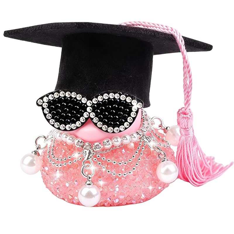 Pato de Borracha Decorativo para Carro com Strass, Chapéu de Formatura, Óculos e Colar – MuMyer JJ116U R2-Black&Pink
