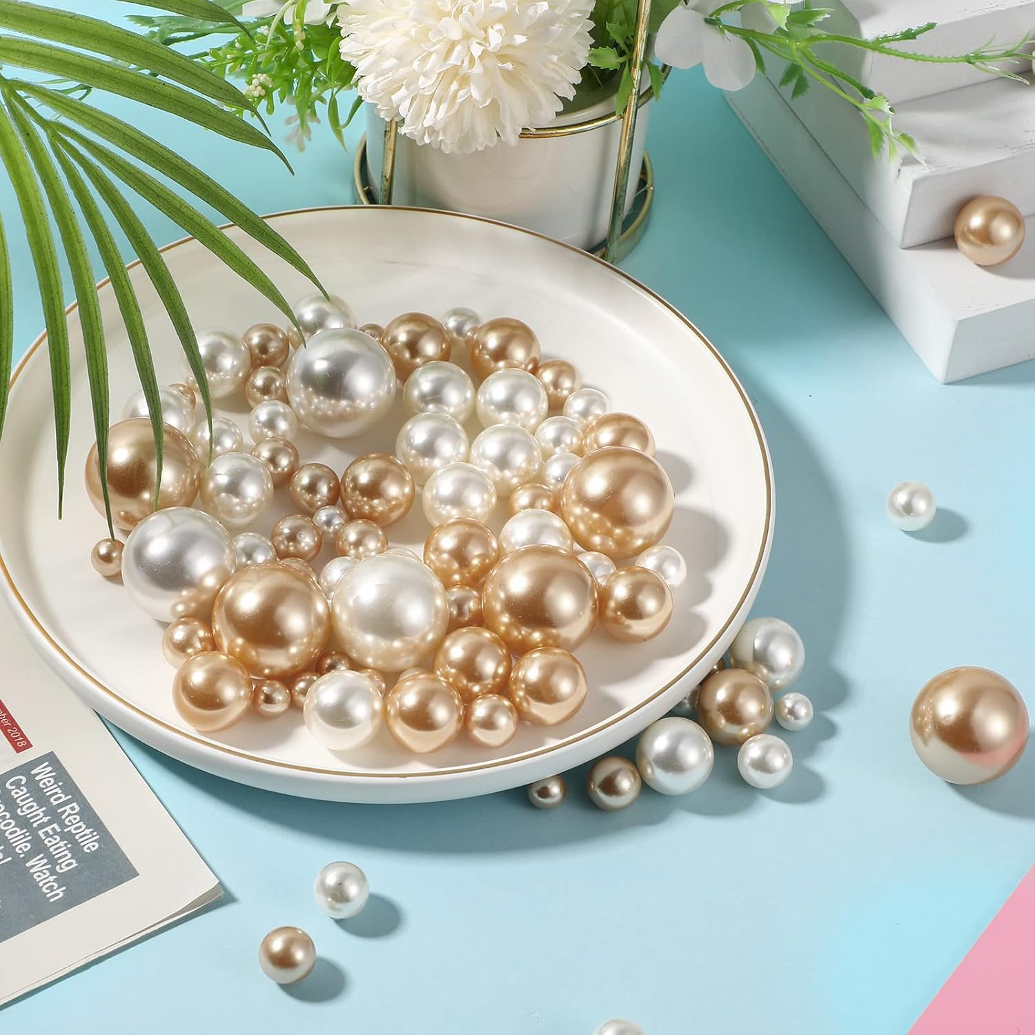 Jadive 200 Pieces Pearl Beads for Vase Filler Centerpieces, No Holes Pearl Makeup Beads for Wedding Holiday Party Home Brushes Holder Decor, 10/14/20/30 mm(White, Gold)