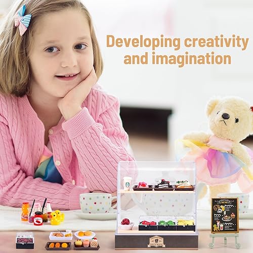 Miniatura 3 de Estuche de panadería en miniatura de 86 piezas con juego de alimentos, mini donas de postre de plástico para casa de muñecas 1:12, decoración de