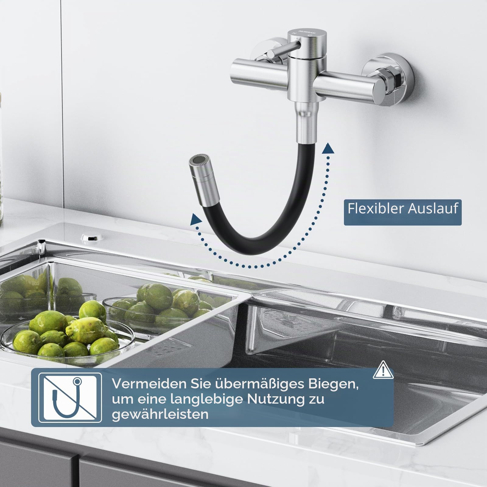 HURRAN Wasserhahn Wandmontage, 360° Schwenkbare Küchenarmatur mit Silikonschlauch, Einhebelmischer aus Edelstahl, Gebürstetes Nickel
