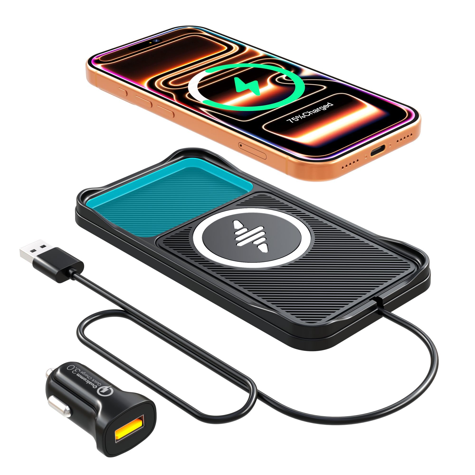 Caricabatterie wireless per auto, 15 W, caricabatterie wireless per auto, caricabatterie antiscivolo per iPhone 17/16/15/14/13/12 Pro, SE3/SE2/XS/X/XR/8, cavo da 30 cm
