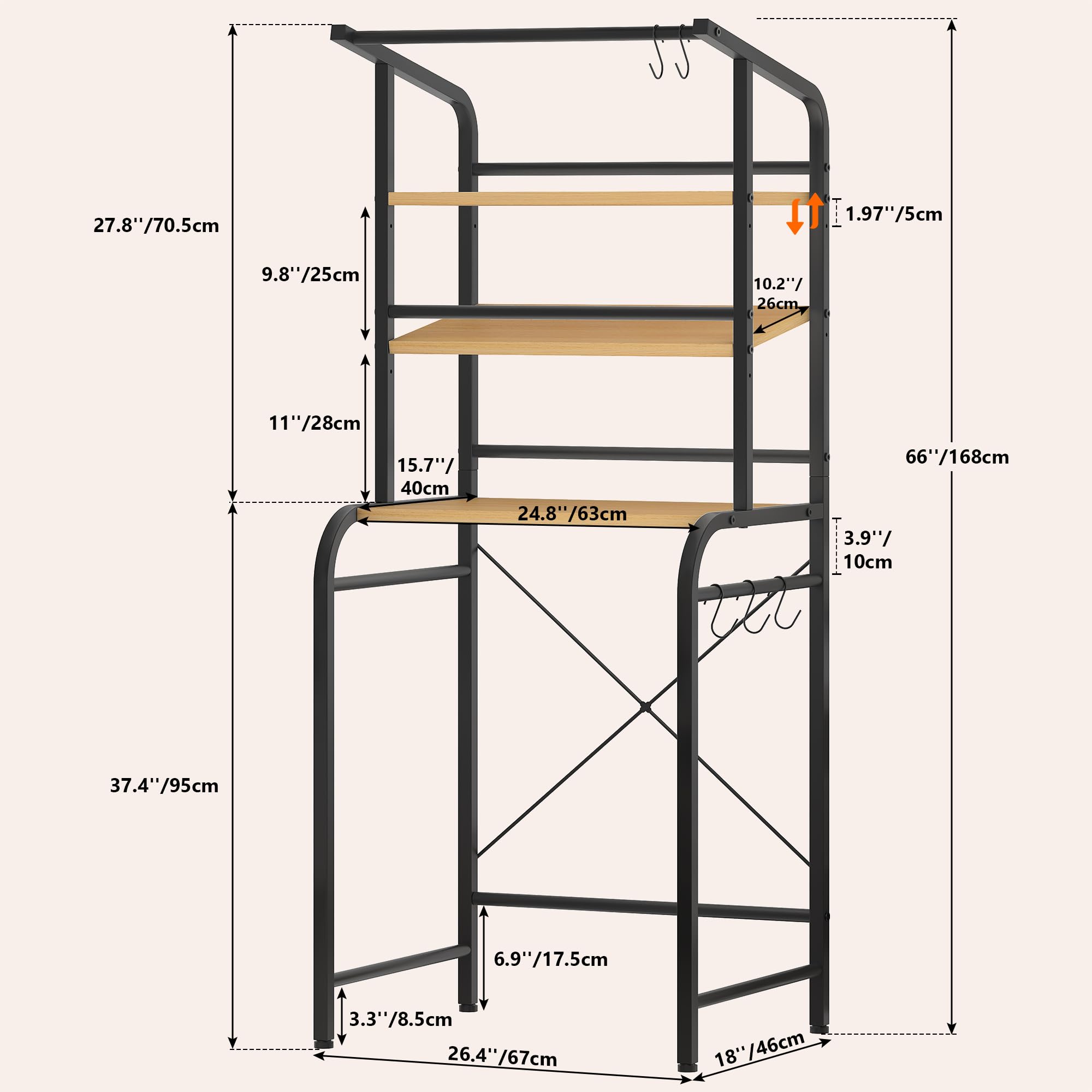Feonase Waschmaschinenregal,Toilettenregal mit 3 Verstellbarer Ablage,Handtuchhalter,Waschmaschinenschrank für Badezimmer, Küche, Balkon,67x46x168cm (Schwarz)