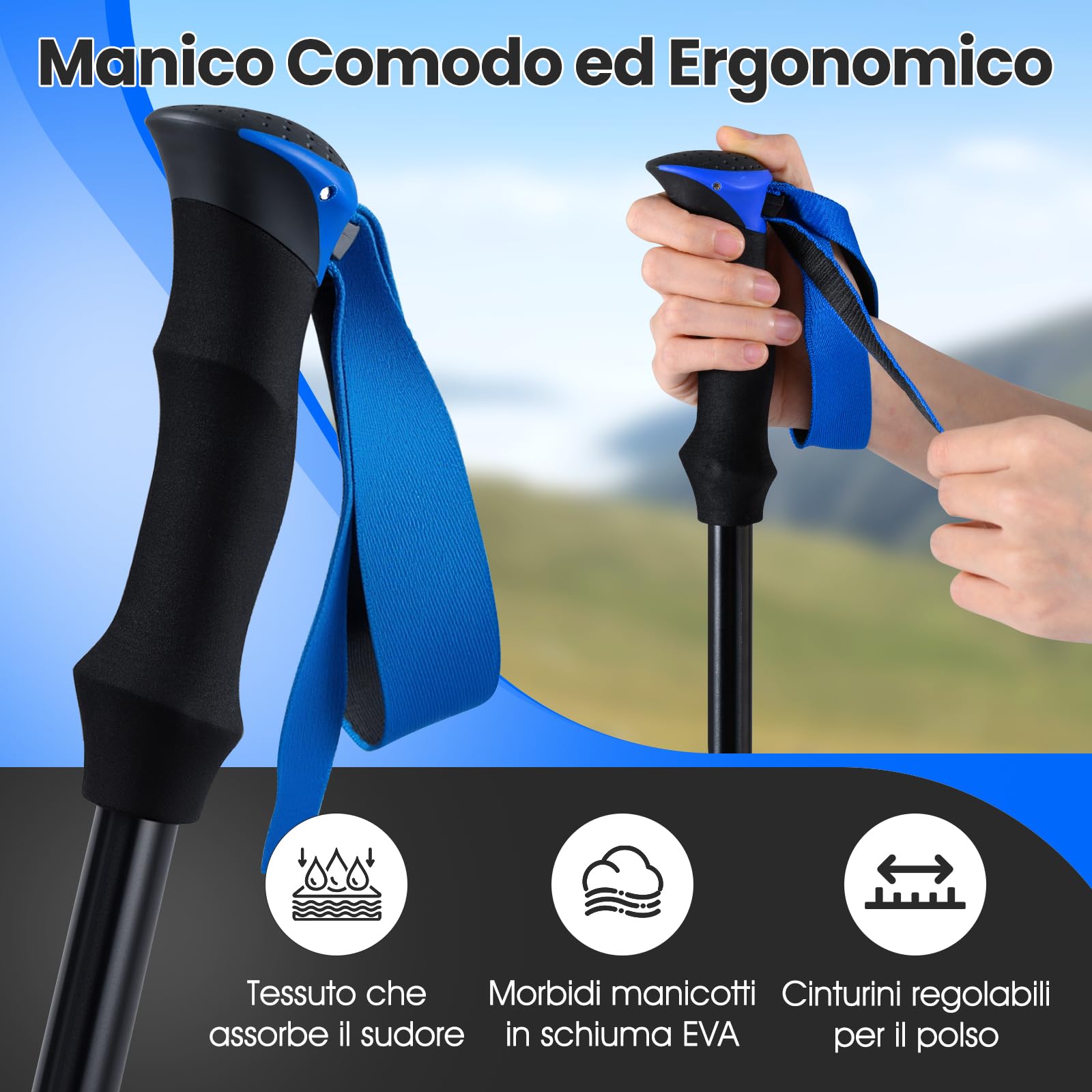 COSTWAY Bastoncini da Trekking Pieghevoli, Bastoni da Passeggio Tri-fold Leggeri per Uomo e Donna con Blocco a Scatto, Impugnatura in Schiuma EVA, Cinturino Regolabile